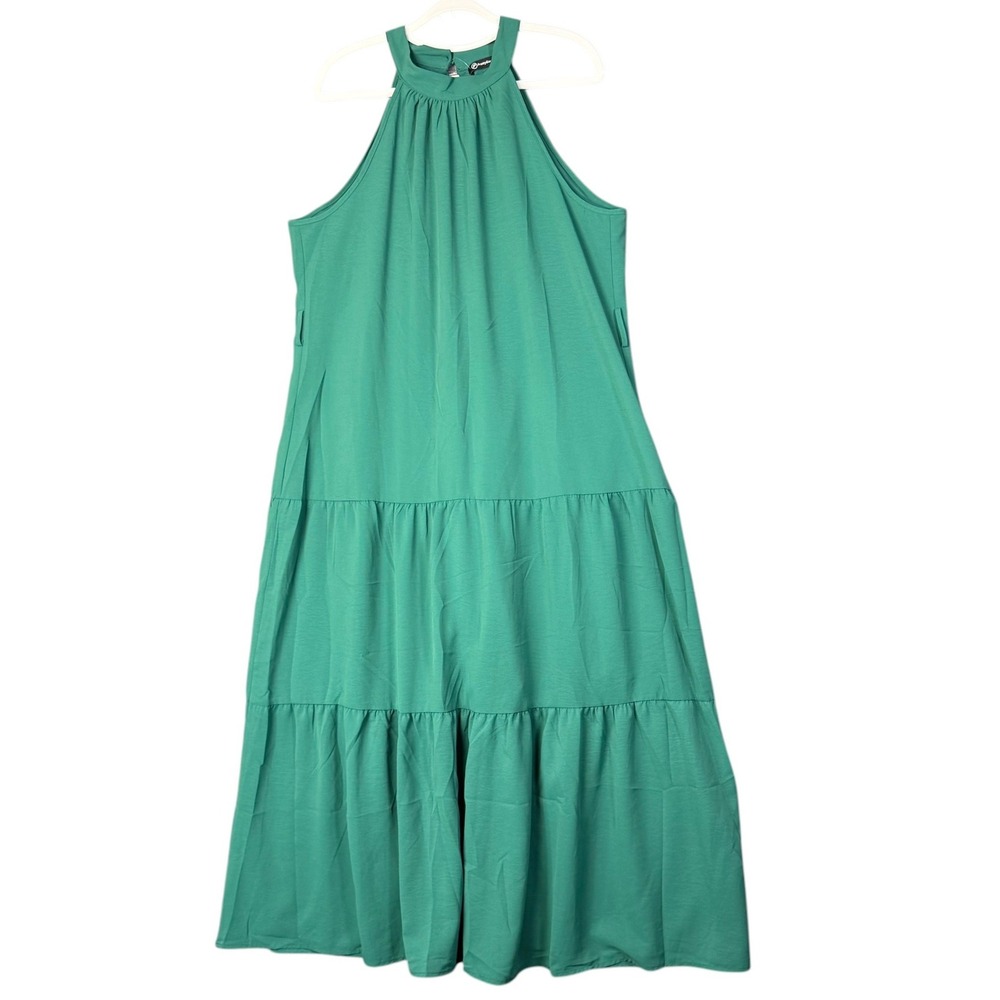 PrettyGarden Green Halter Tiered Maxi Dress Womens Large Sleeveless Boho Flowy